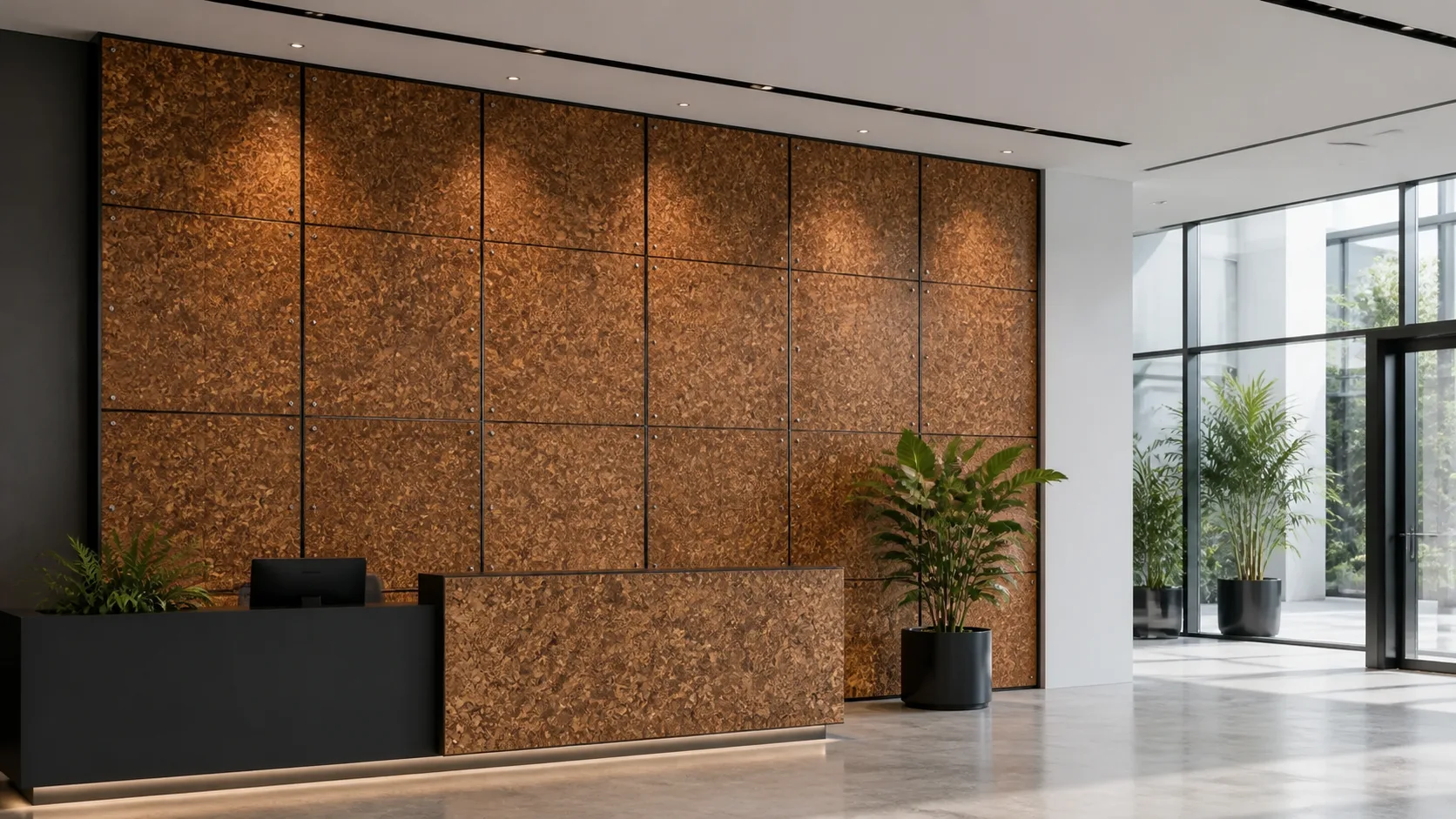 Commercial lobby concept lined with warm, textured LeafCore wall panels