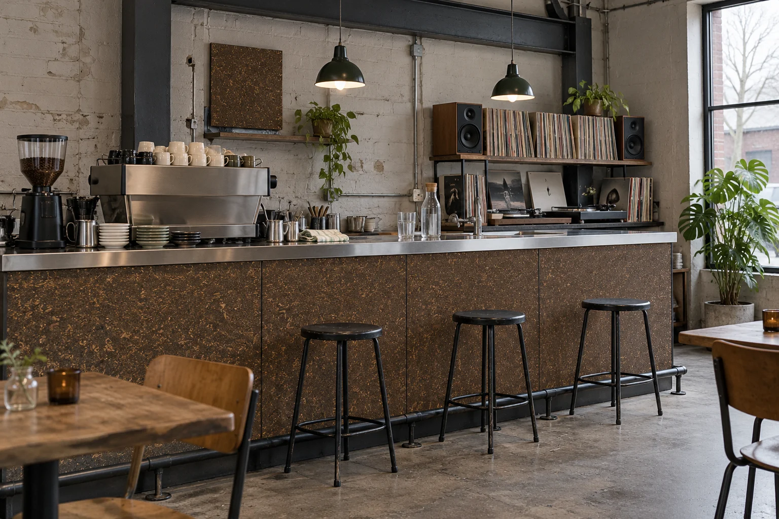 Industrial café concept with matte brown LeafCore bar panels beside stainless steel and exposed brick